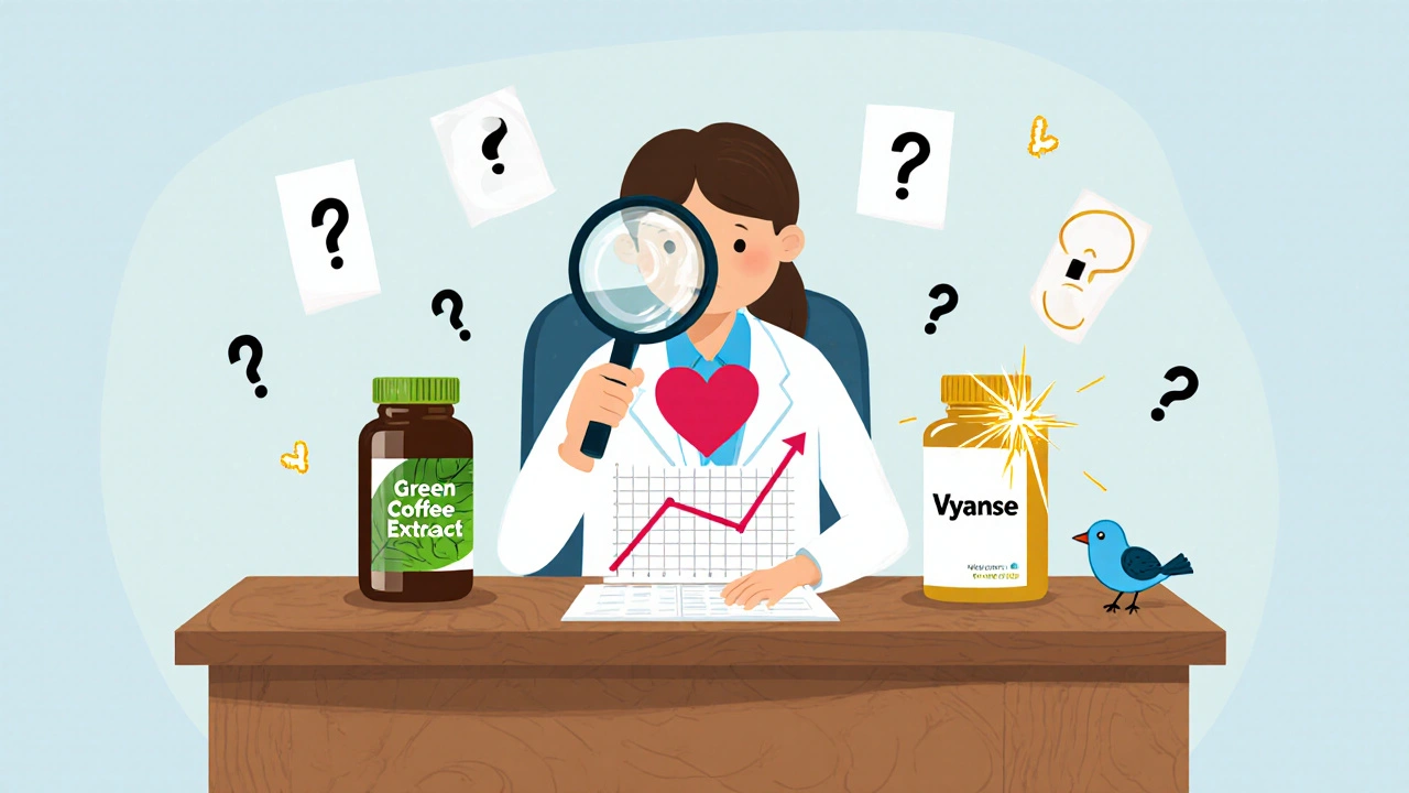 A doctor examines conflicting supplements as a heart graph flickers between high and low.