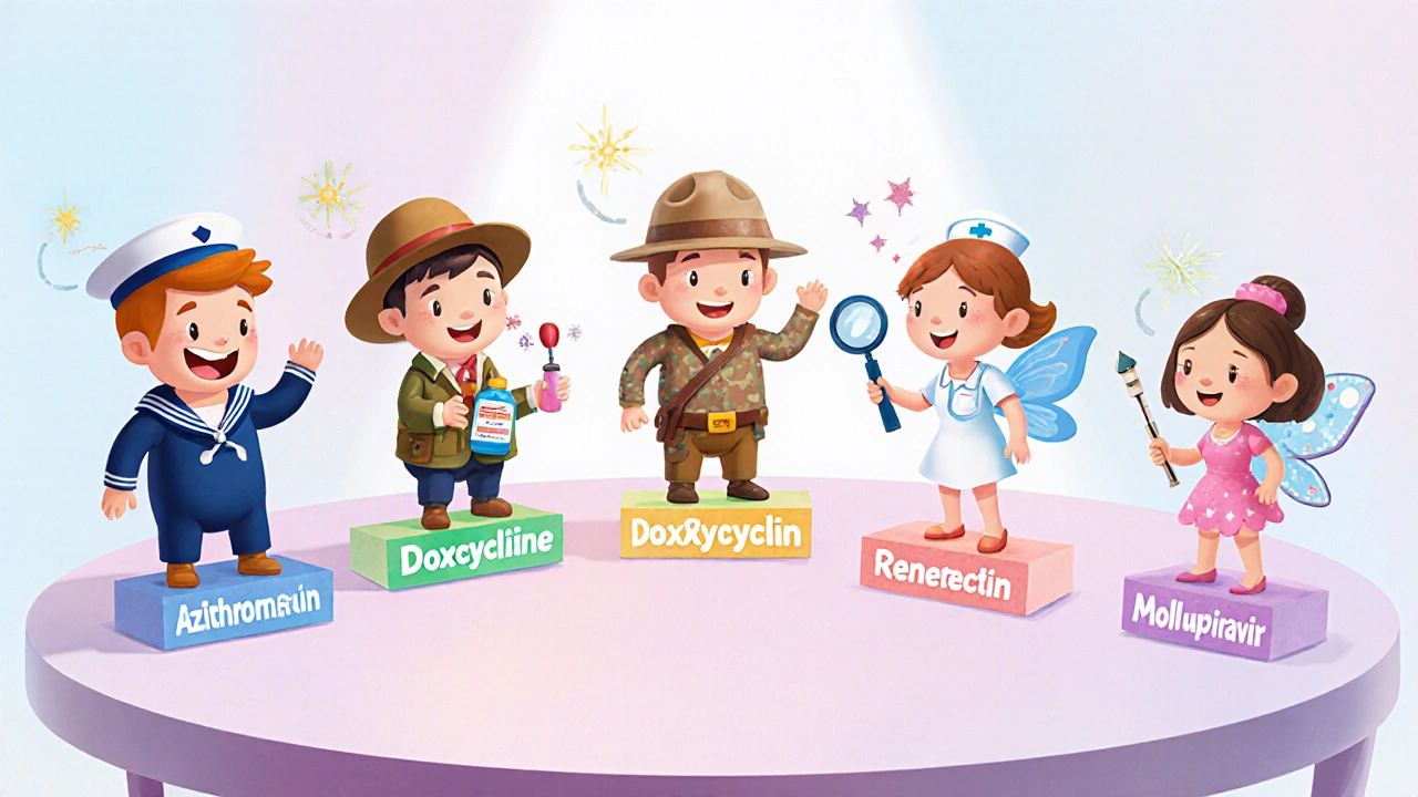 Anthropomorphic drug characters gathered around a table comparing their uses.