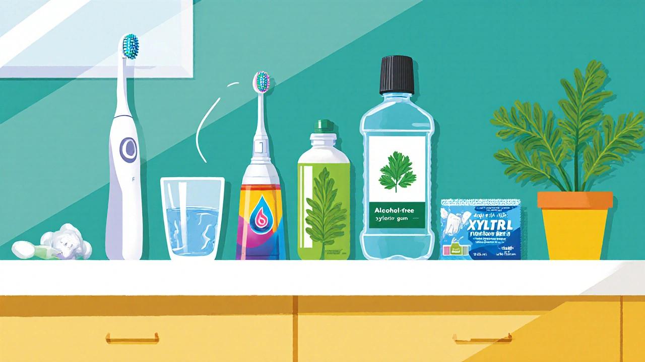 Bright bathroom countertop showing toothbrush, toothpaste, floss, water flosser, mouthwash, and sugar‑free gum.