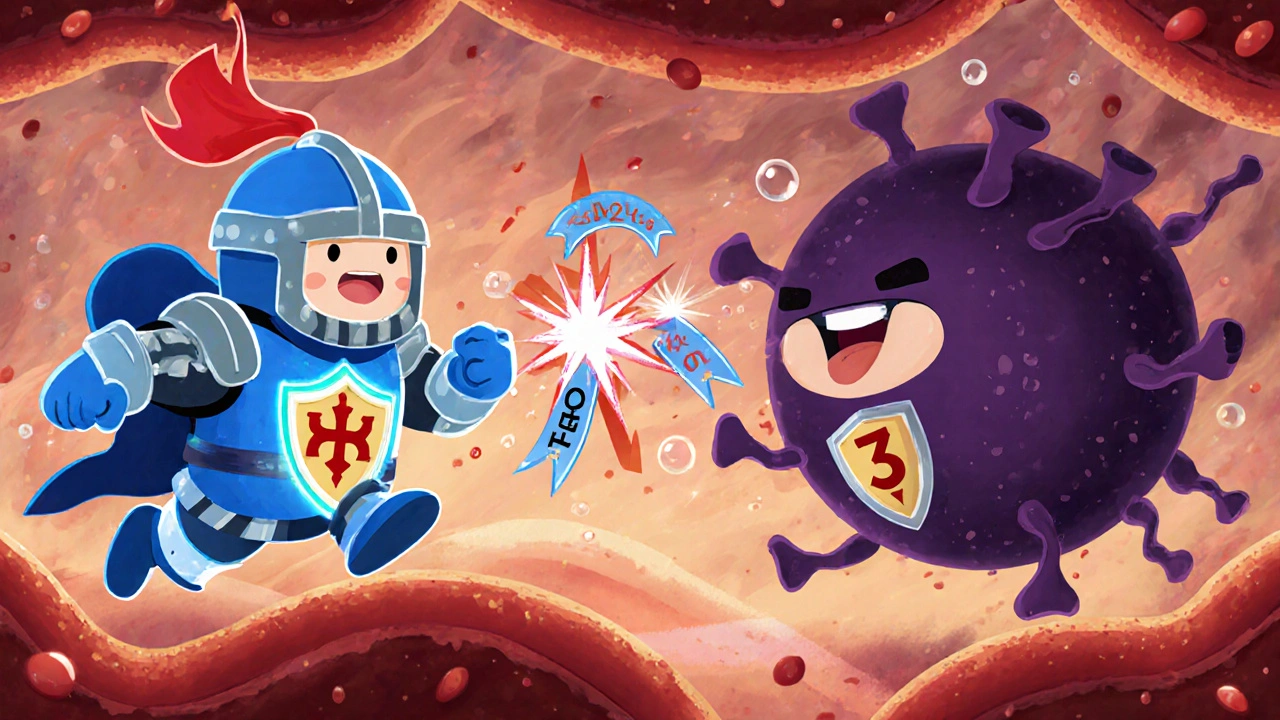 Cartoon CAR‑T cells as knights battle leukemia blasts with BiTE bridges linking them.