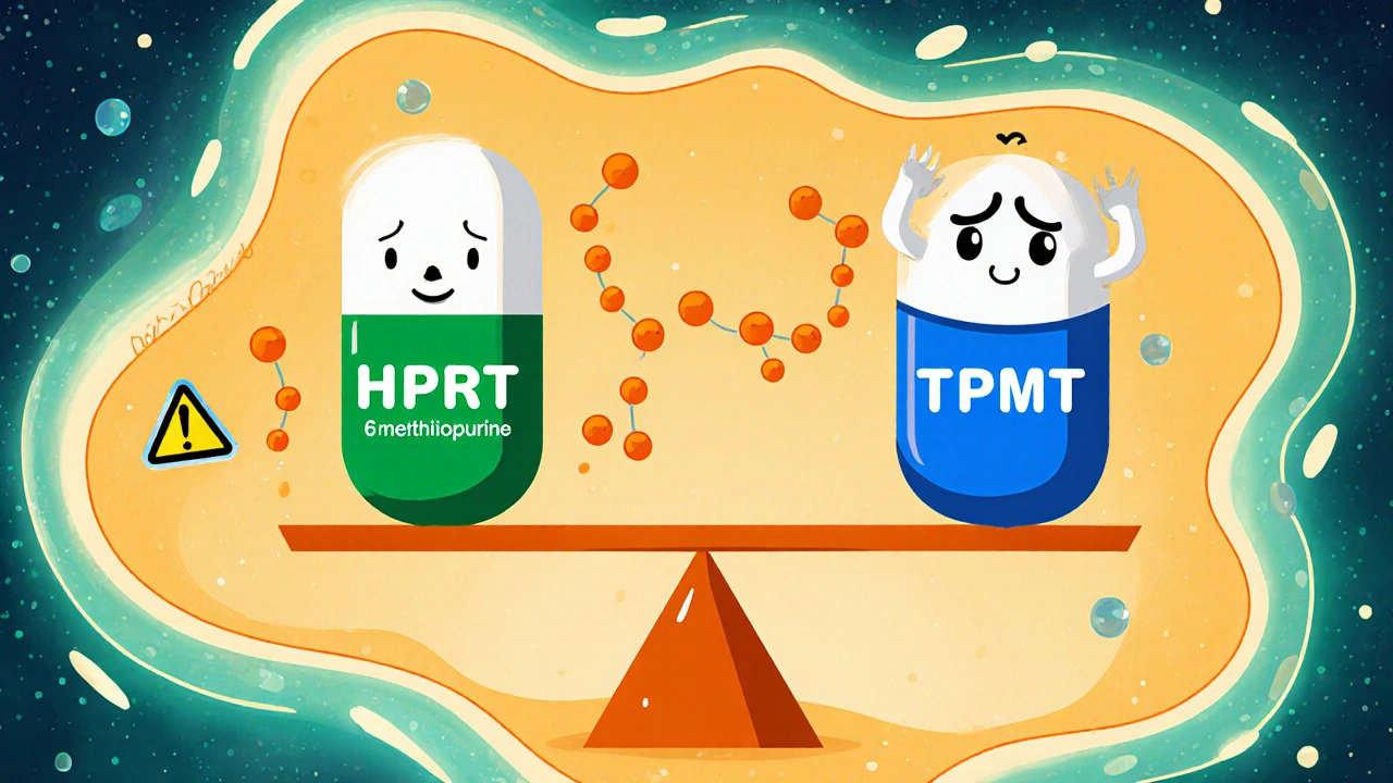 Cartoon cell showing azathioprine converting to 6‑MP with TPMT and HPRT enzymes.