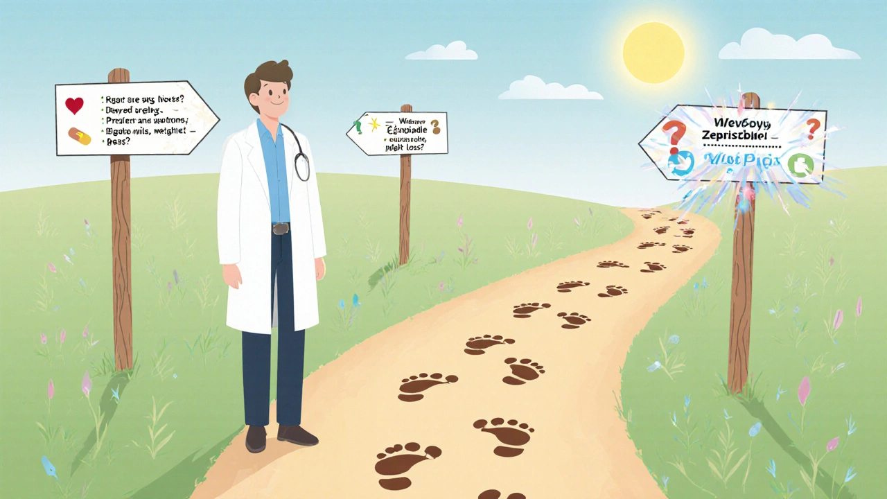 Cartoon doctor guiding a person at a forked path of weight‑loss choices.
