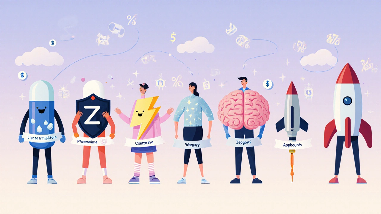 Cartoon line‑up of medication characters showing their mechanisms.