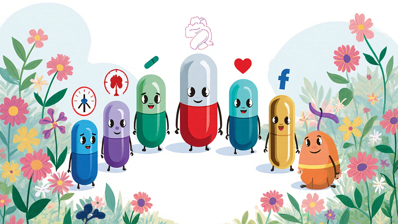 Cartoon pill characters representing BPH drugs gathered in a colorful garden with visual icons.