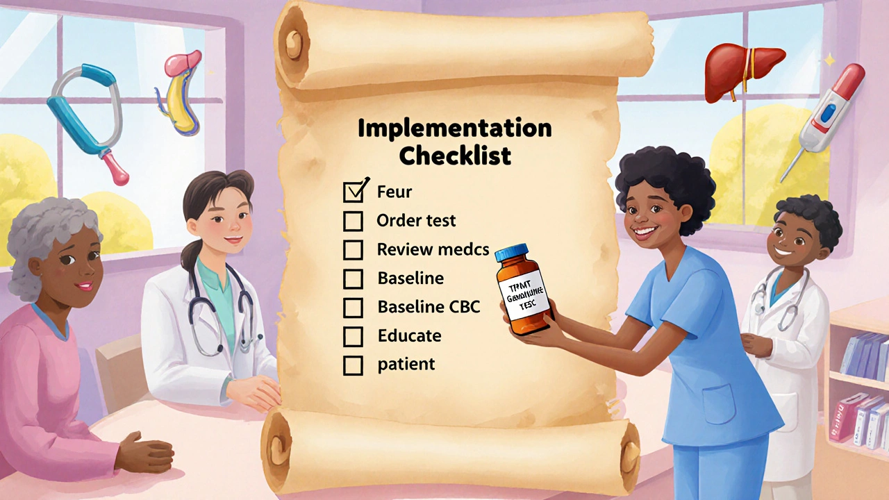 Checklist scroll with nurse giving a TPMT test vial and patient education icons.