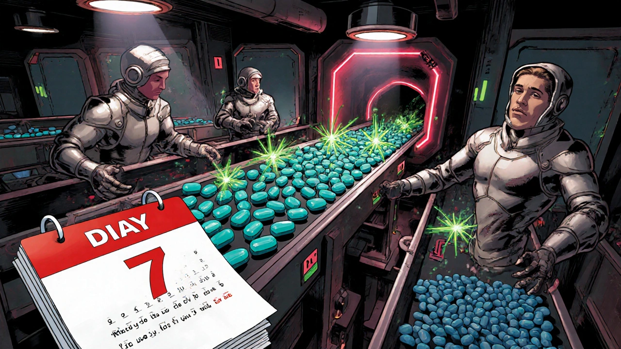 Comic panel of a liver factory with cytochrome P450 workers processing pills, showing safe and toxic metabolites.