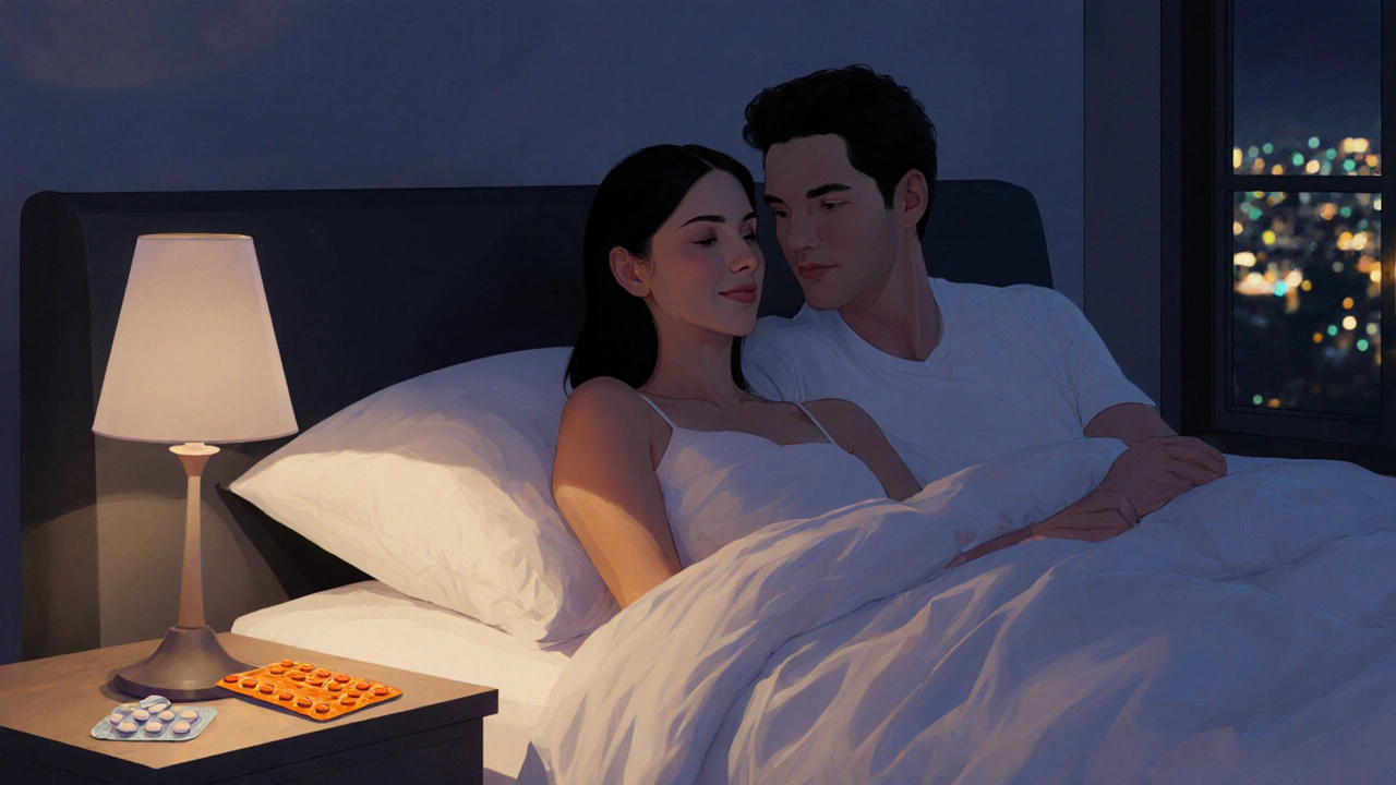Couple in a dimly lit bedroom with an orange‑wrapped pill packet on the nightstand.
