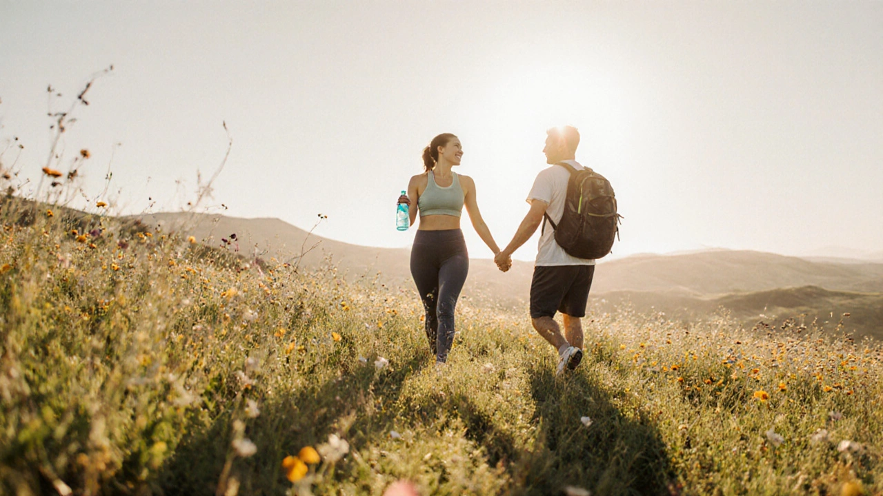 Couple walking in sunlit meadow, woman in light workout gear, symbolizing hope and healthy lifestyle.