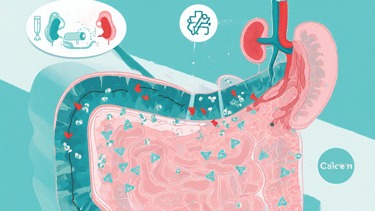 Cross‑section of inflamed small intestine showing blocked calcium and vitamin D absorption.