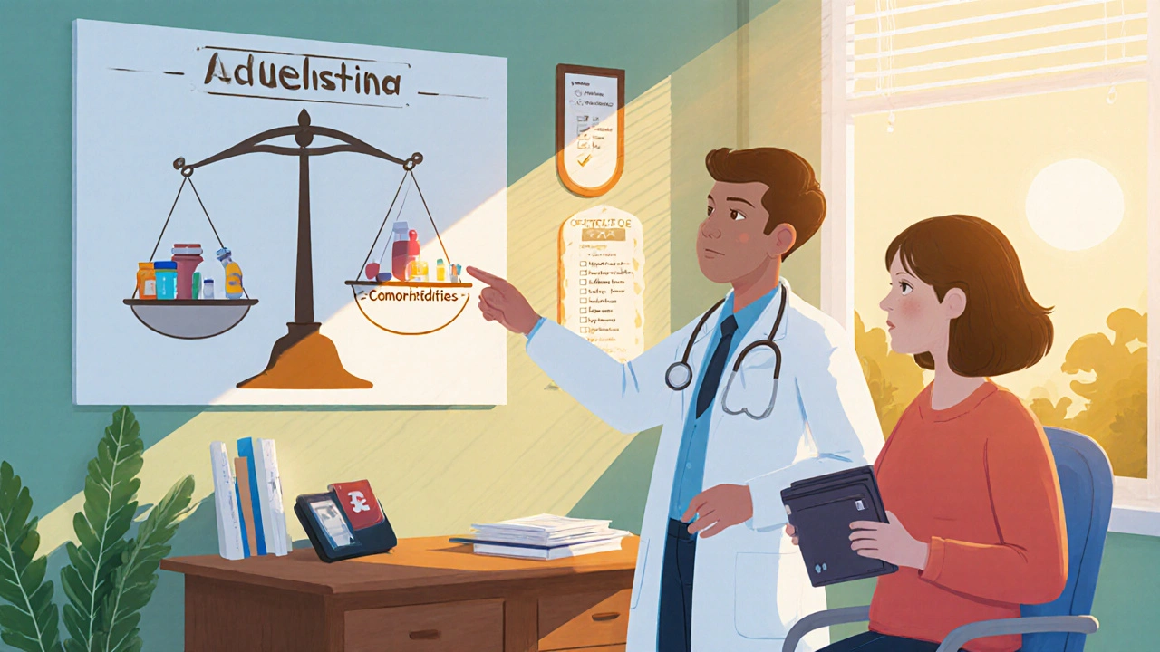 Doctor and patient reviewing a chart with drug icons on scales in a sunny clinic.