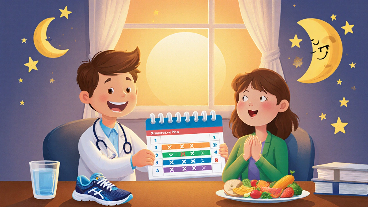 Doctor gives a patient a tapering calendar surrounded by supportive items and sunrise.