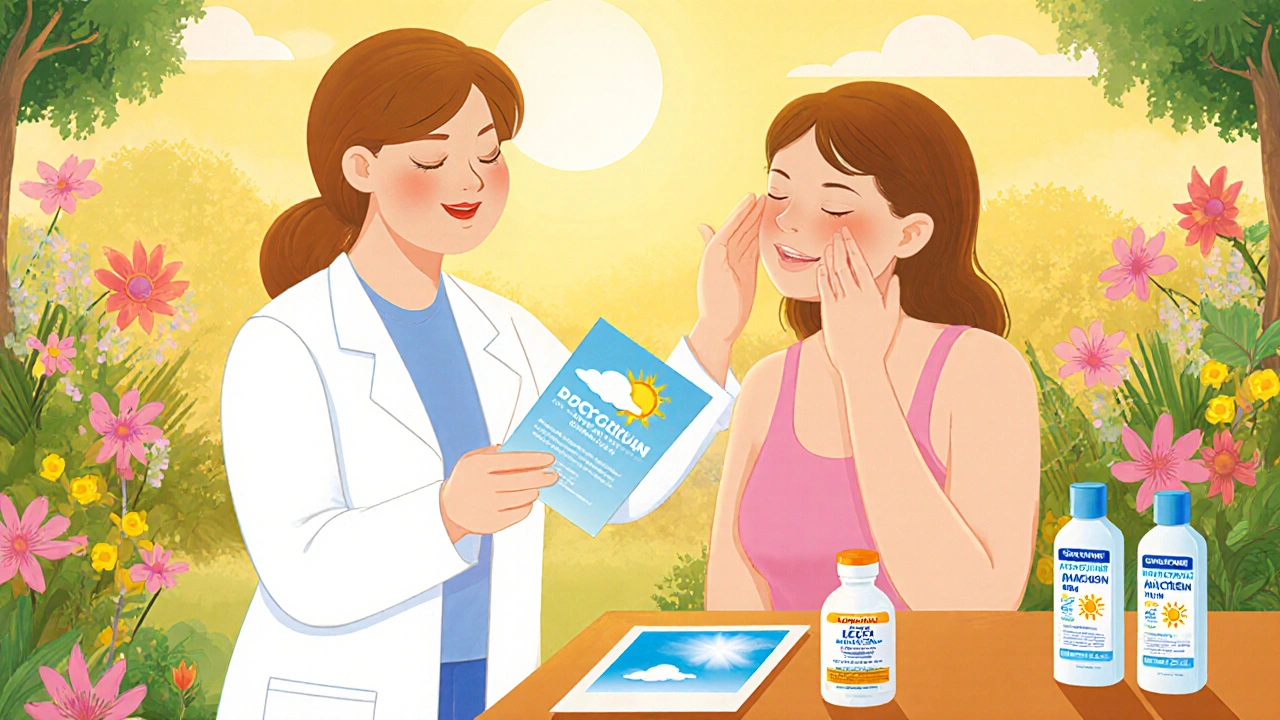 Doctor gives advice as patient applies sunscreen; alternative antibiotic bottles nearby.