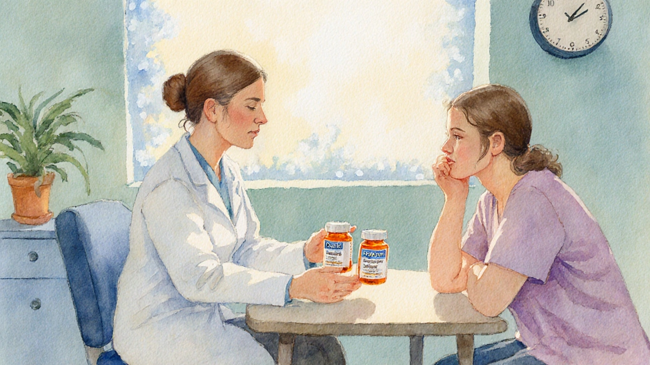 Doctor offering Daxid and Bupropion bottles to a patient in a calm clinic.