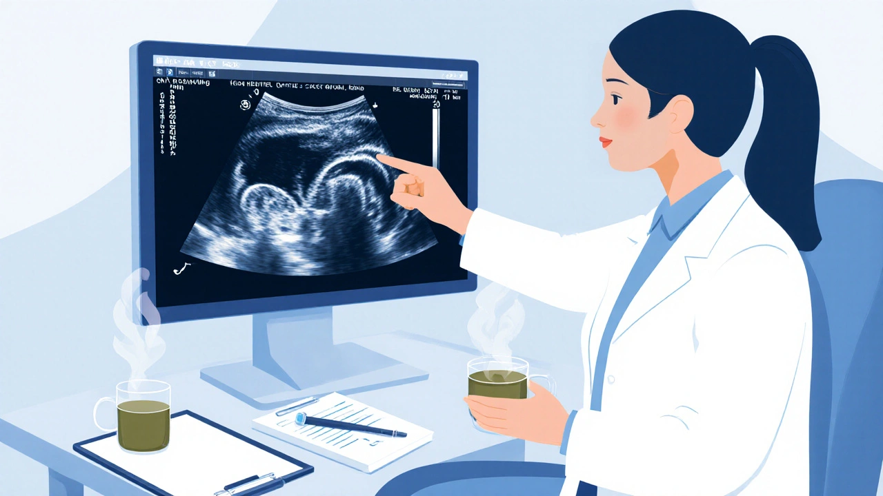Doctor shows ultrasound of healthy uterine lining to patient holding tea in calm clinic setting.