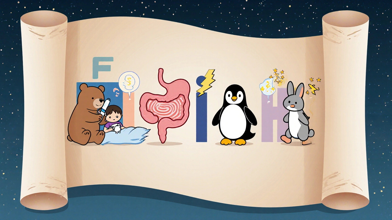 FINISH mnemonic shown as cute characters representing each withdrawal symptom on a scroll.