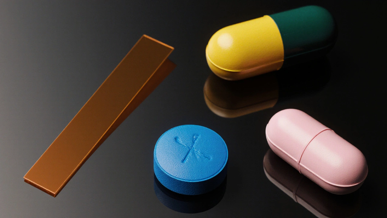 Five different ED pills arranged on a black reflective surface, each with distinct color and shape.