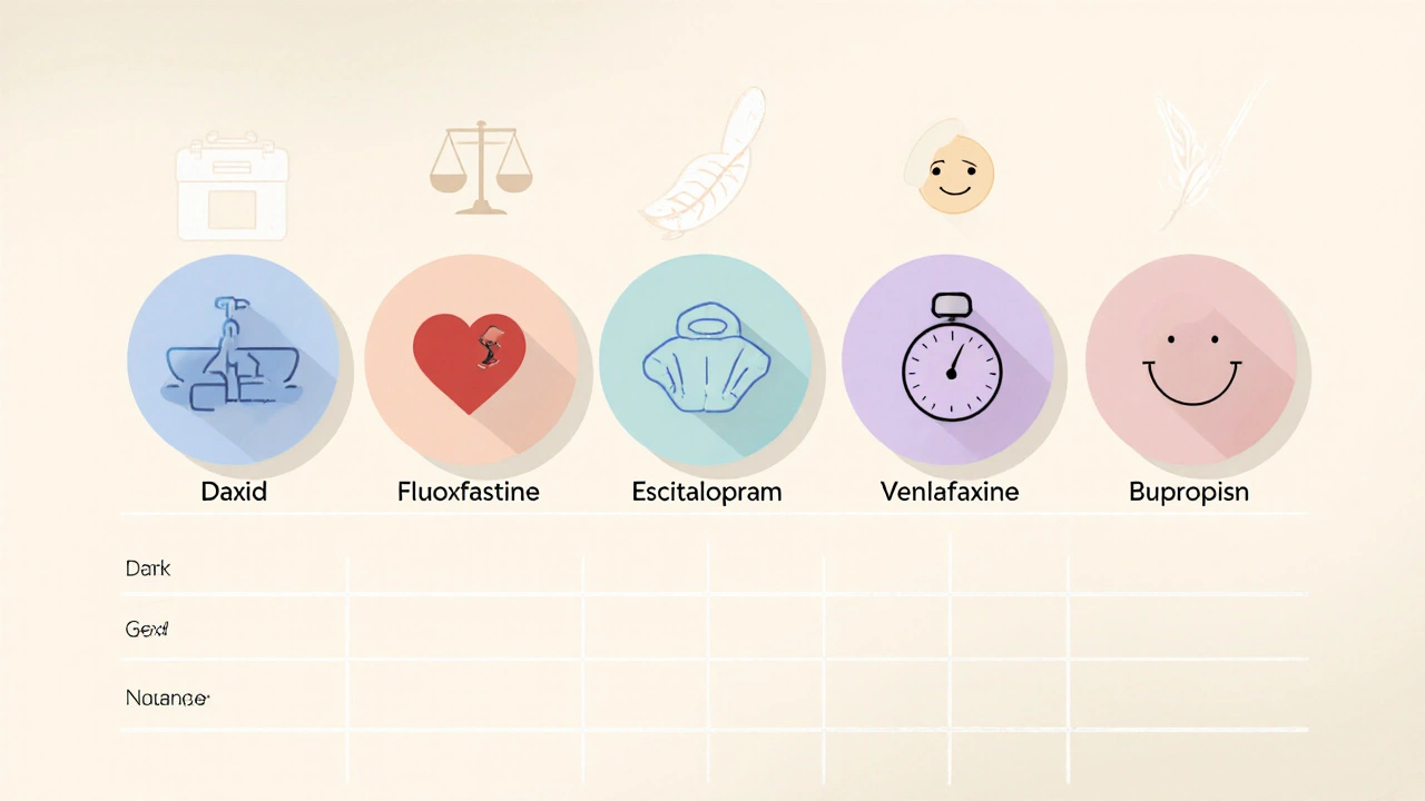 Five drug icons showing side‑effect symbols like weight scale and heart break.