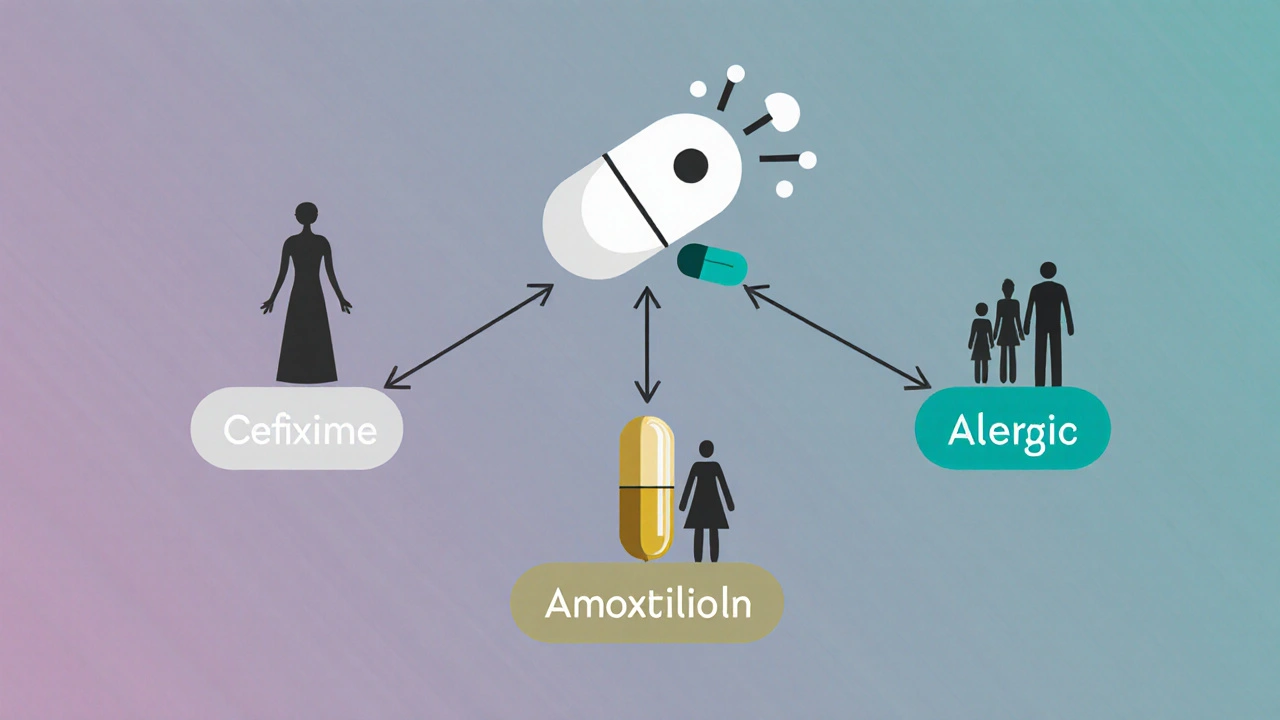 Flat design decision tree showing bacteria leading to different antibiotic pill icons.