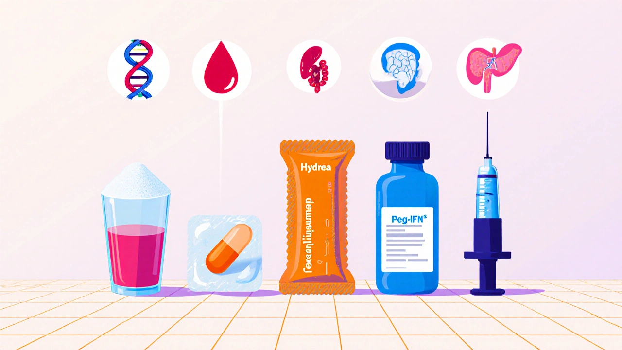 Flat illustration of L‑glutamine powder, Voxelotor pill, Crizanlizumab IV bag, Ruxolitinib tablets, and Peg‑IFN‑α syringe.