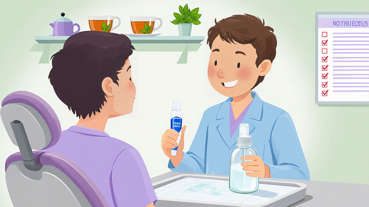 Friendly dentist offering fluoride gel and saliva spray in a calm dental office with tea and mint.