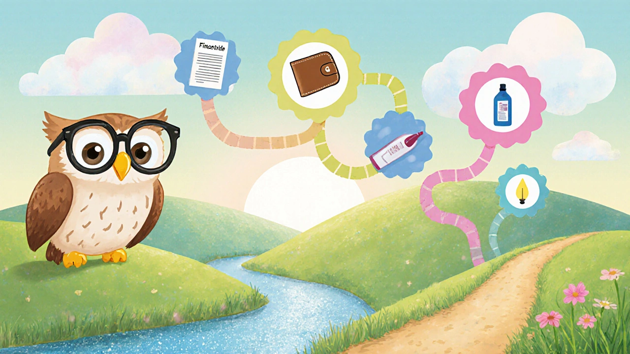 Friendly guide owl pointing to different hair loss treatment options.