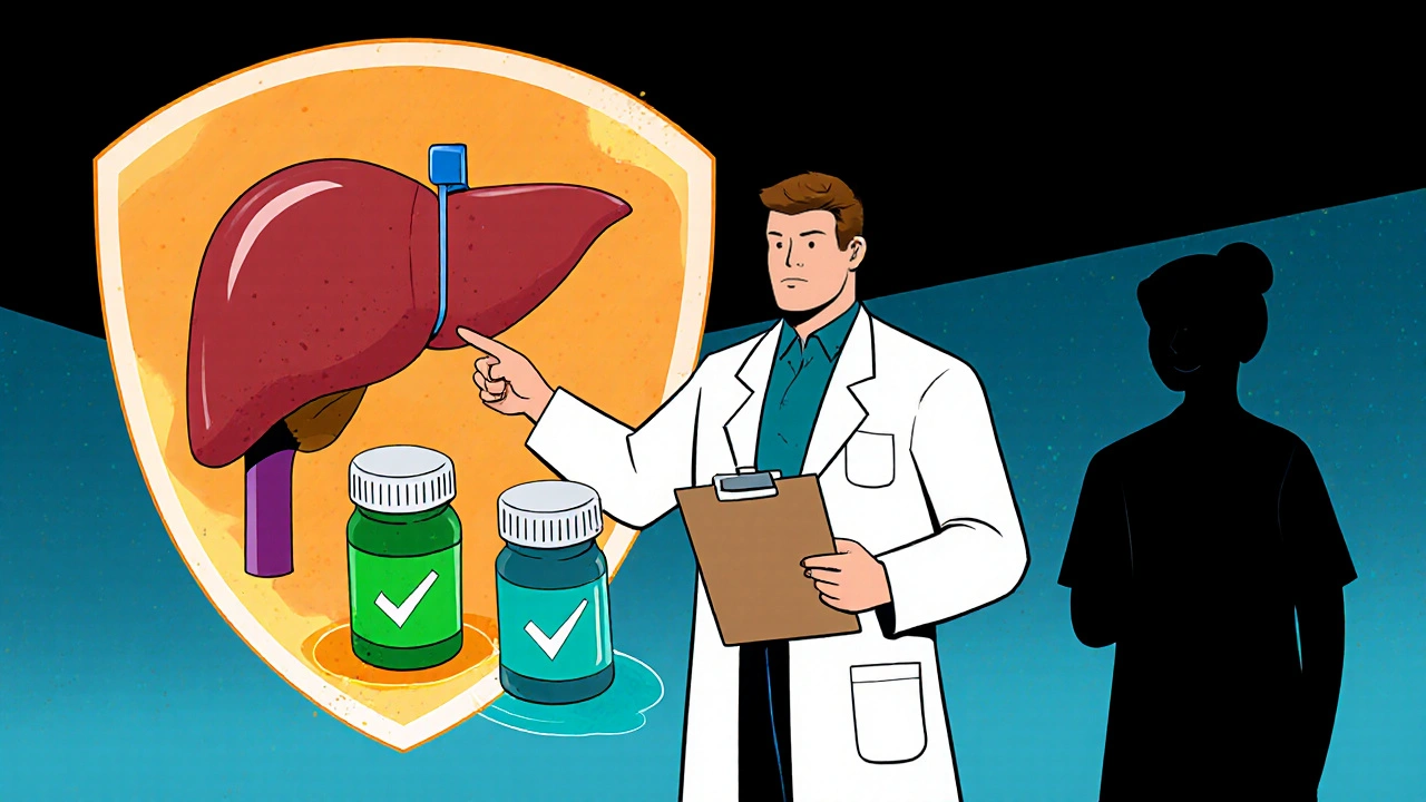 Heroic doctor shielding a liver while pointing to ibuprofen and naproxen alternatives in a comic style.