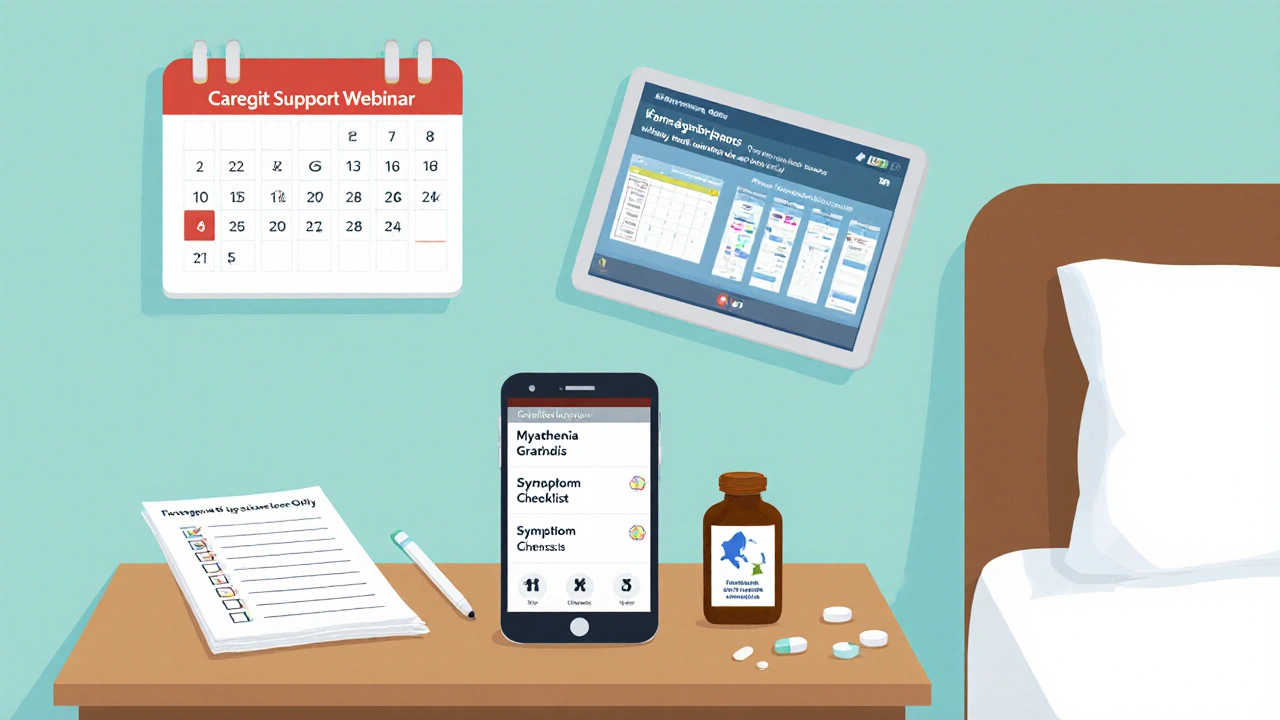 Home setup with smartphone app, pill bottle, checklist, and caregiver webinar on tablet.