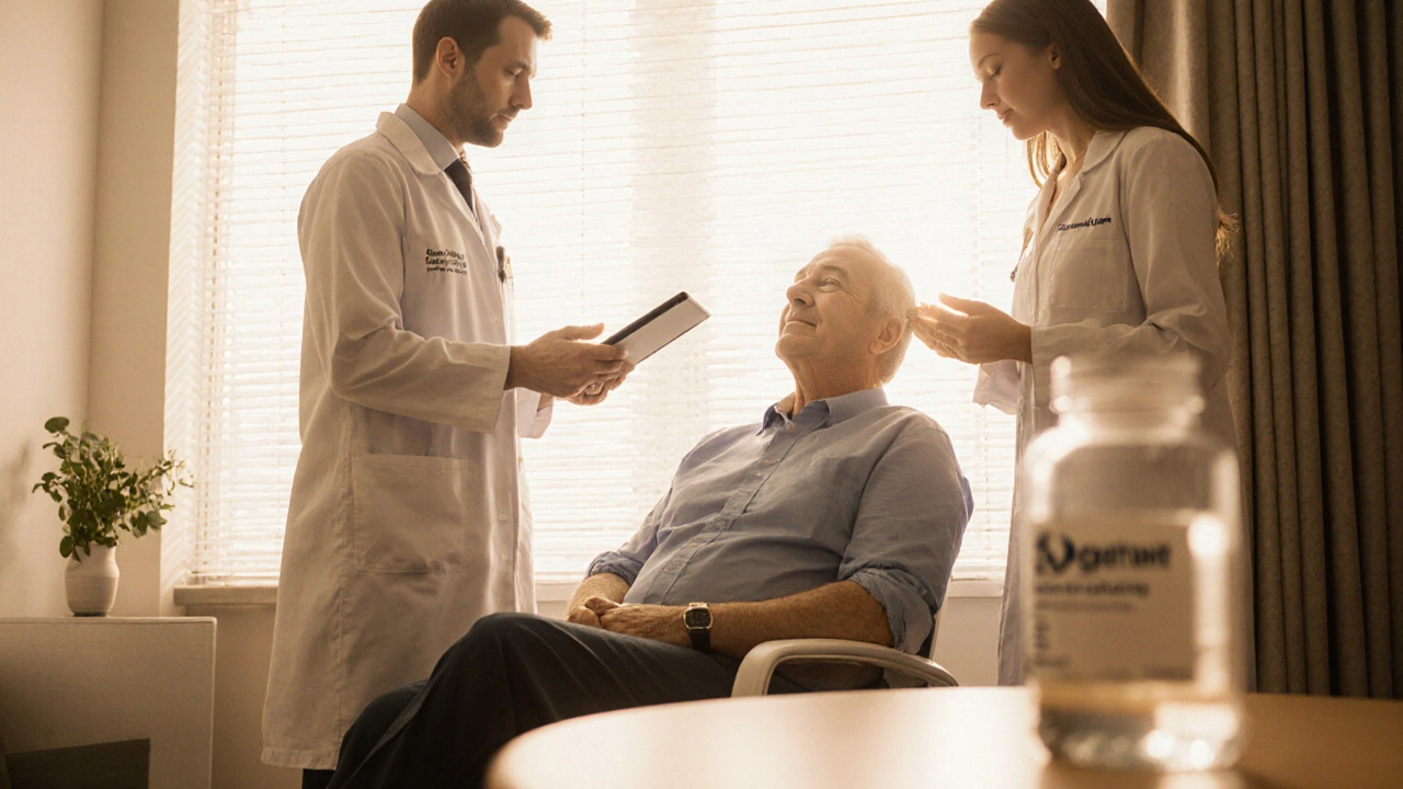 Hospital team of liver, rheumatology and endocrine doctors consulting with a patient, surrounded by antiviral pills.