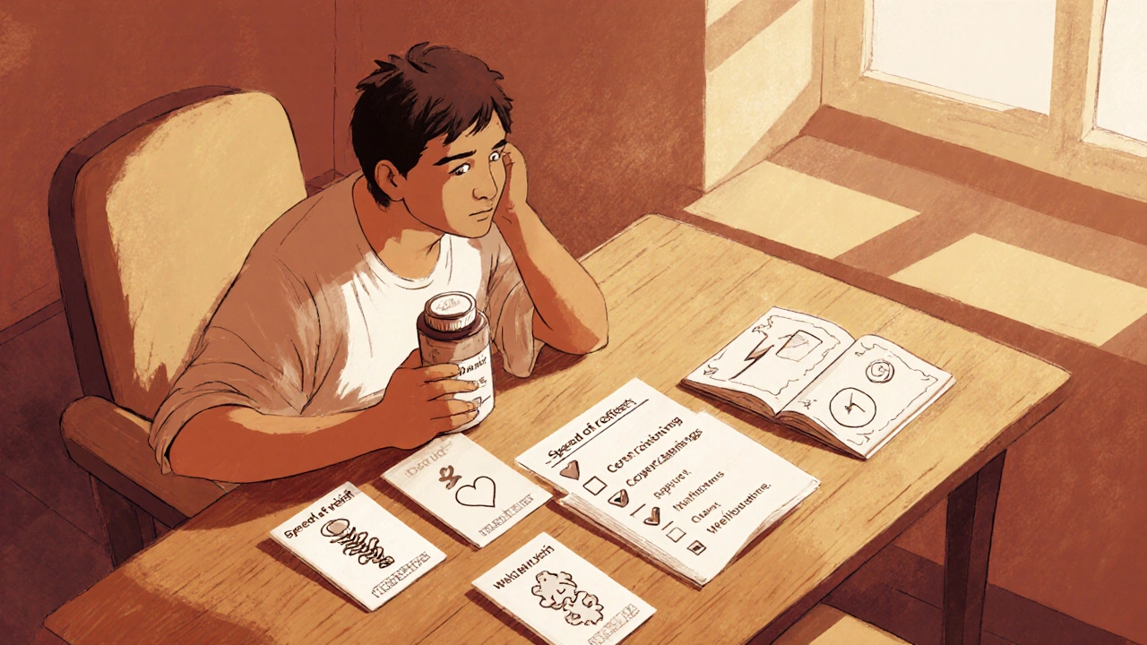 Illustration of a person at a table with checklist cards and two pill bottles, deciding.