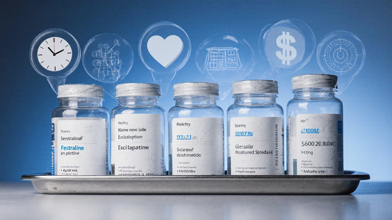 Macro shot of pill bottles on a tray with floating icons for half‑life, onset, side effects, cost.
