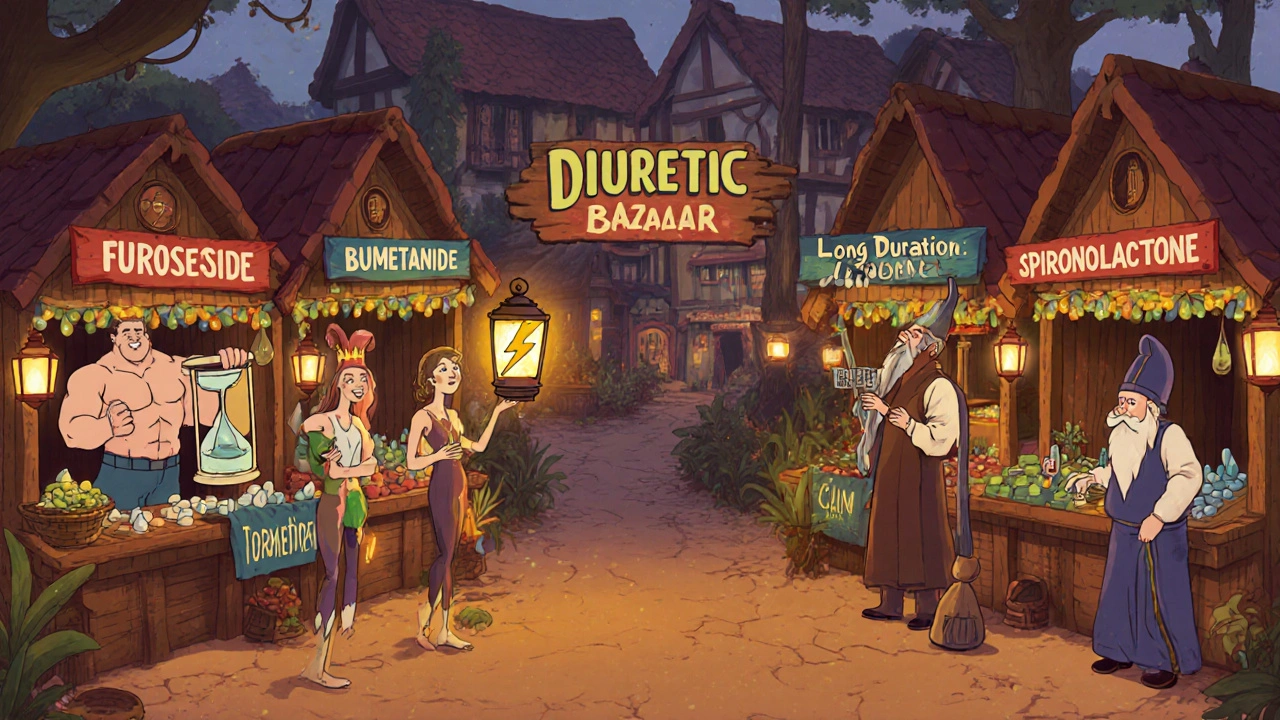 Market stalls with characters personifying different diuretics and their traits.