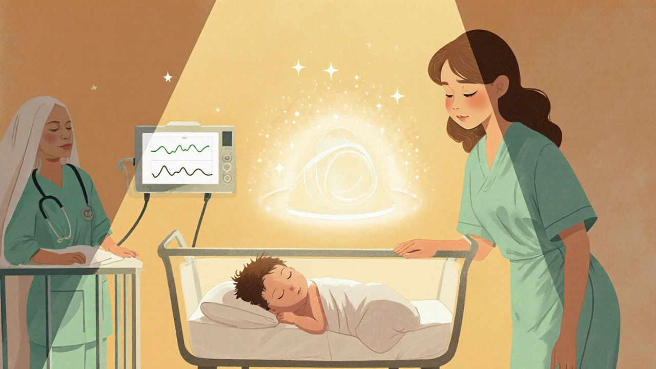 Newborn sleeping peacefully in hospital nursery with gentle medical staff nearby