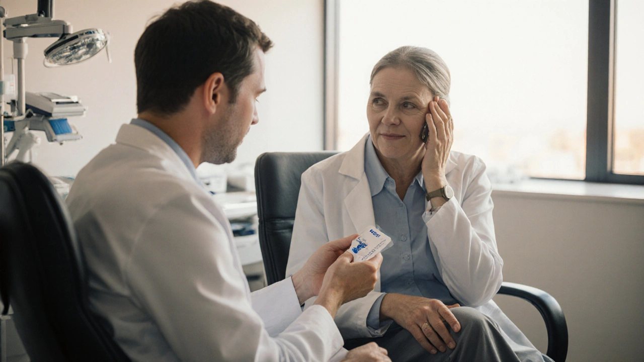 Patient and neurologist discussing migraine medication in a bright clinic.