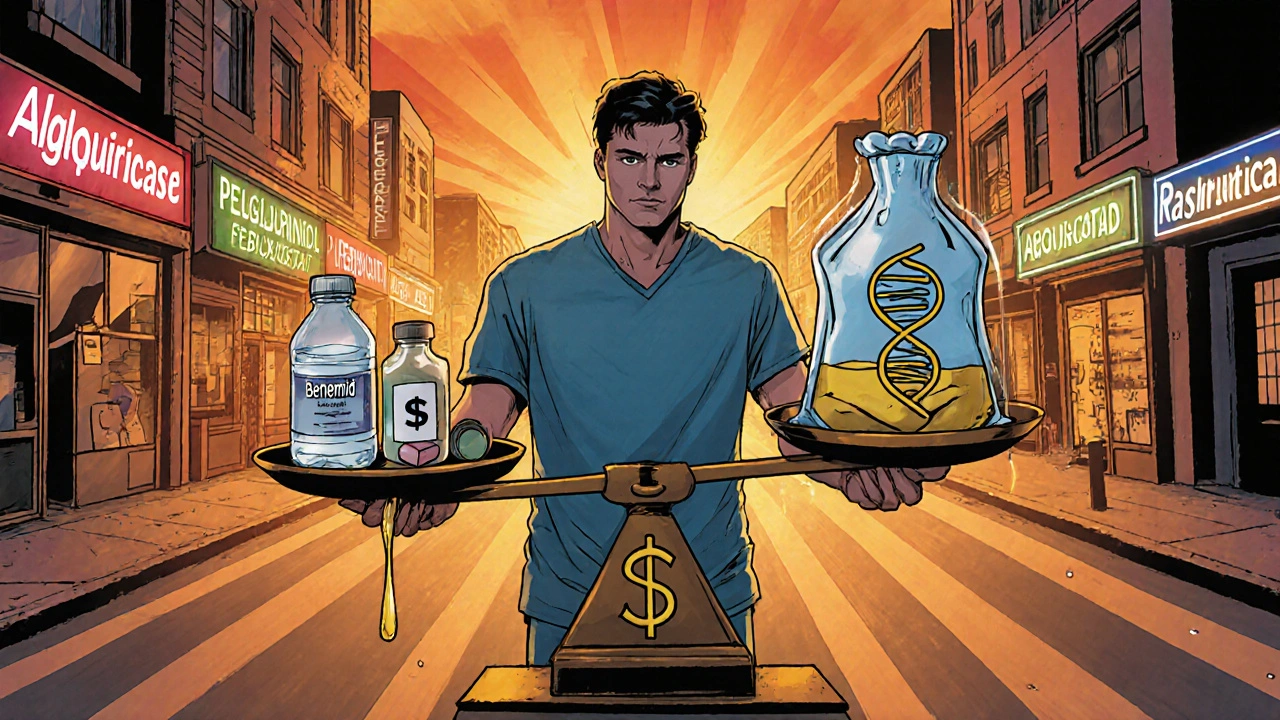 Patient weighing medication options with water, pills, IV and money in a comic scene.