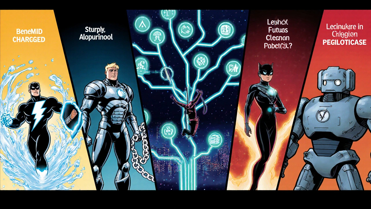 Personified gout drugs gathered around a decision tree in comic style.