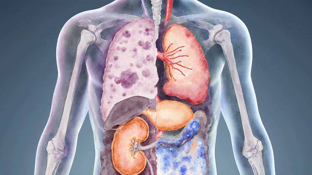Silhouette body showing skin rash, swollen joints, thyroid, kidney and pancreas effects of autoimmunity.