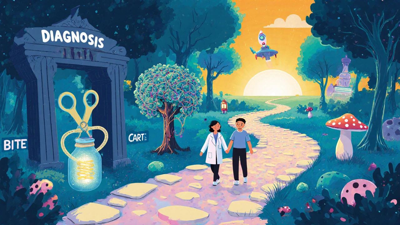 Storybook road through a cell forest showing CRISPR scissors, BiTE lantern, CAR‑T rocket and pills toward sunrise.