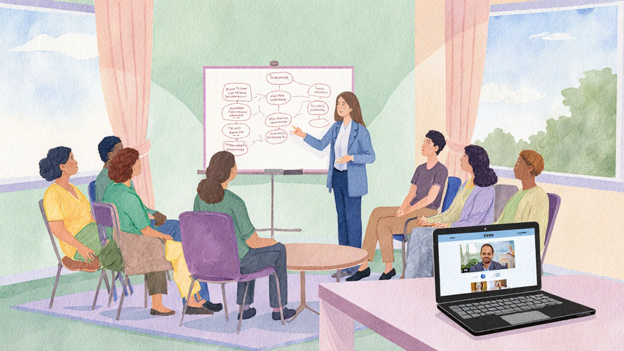 Support group circle with participants and doctor presenting, laptop showing video call.