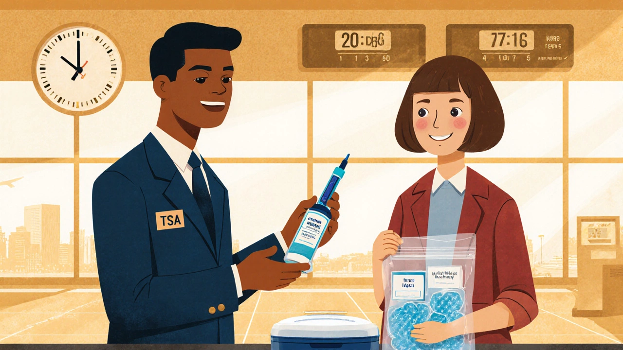 Traveler at airport security showing insulin and cooling pack to a friendly TSA agent, time zones visible on a clock.
