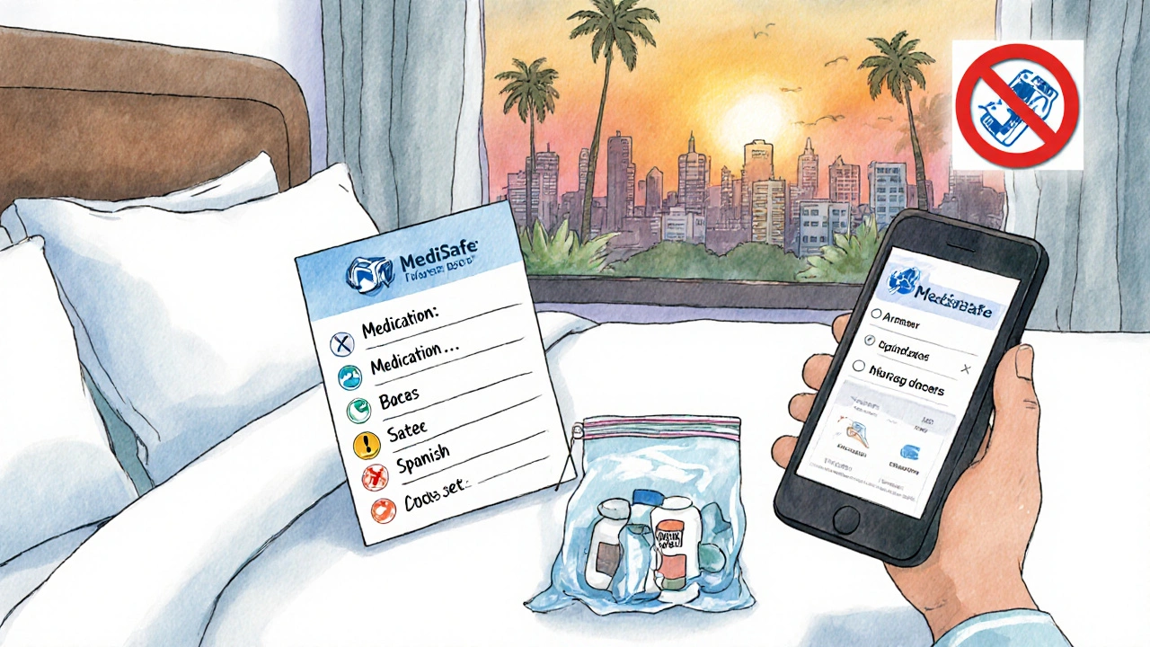 Traveler in hotel room using phone app and laminated med list, extra doses and cooling pack nearby, tropical sunset outside.