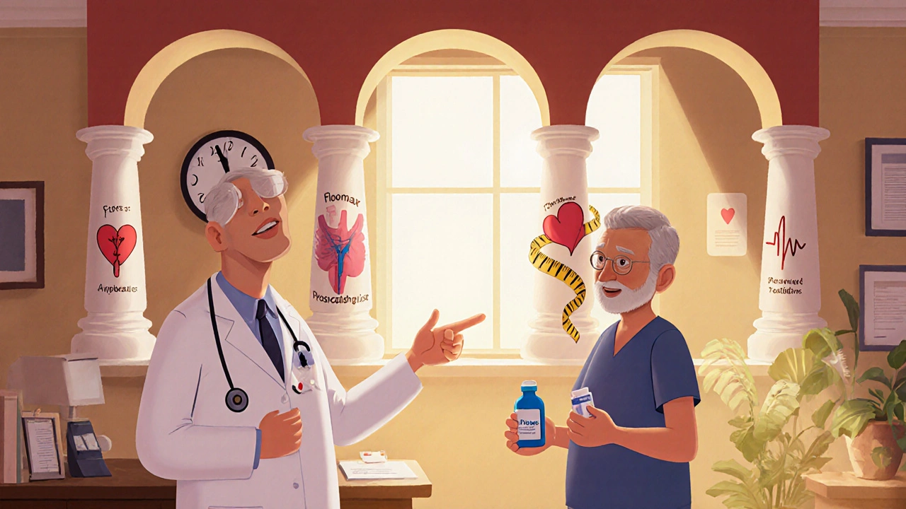Urologist consulting a patient, with three visual pillars illustrating treatment factors.