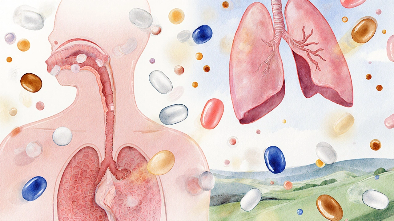 Watercolor collage of infection sites with colored antibiotic icons and bacteria illustrations.