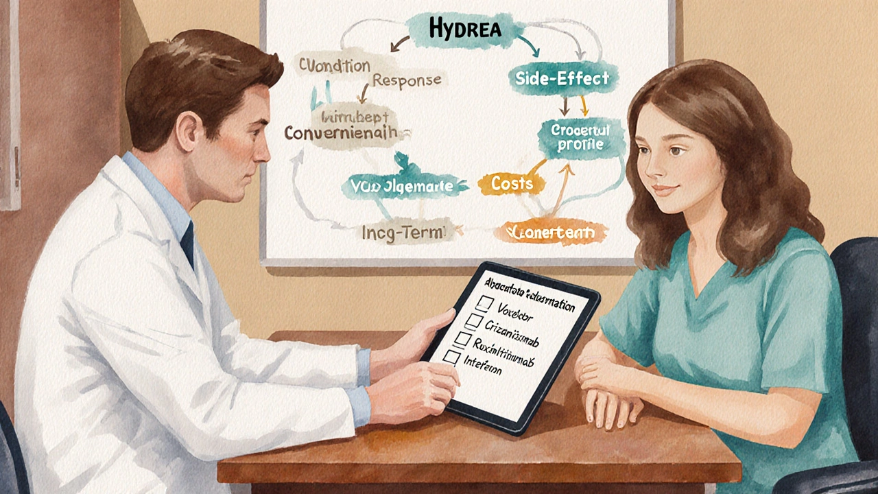 Watercolor of a doctor and patient discussing a treatment checklist with a background flowchart of drug options.