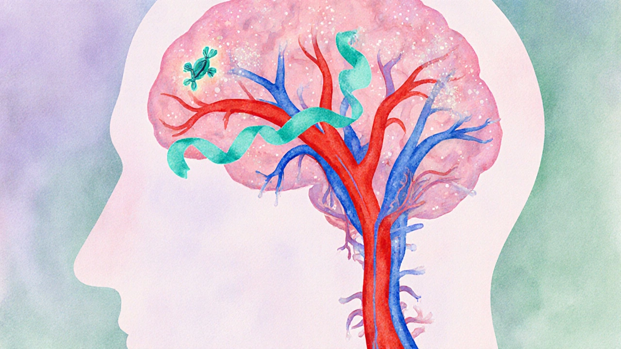 Watercolor view of brain arteries narrowing with serotonin motifs.