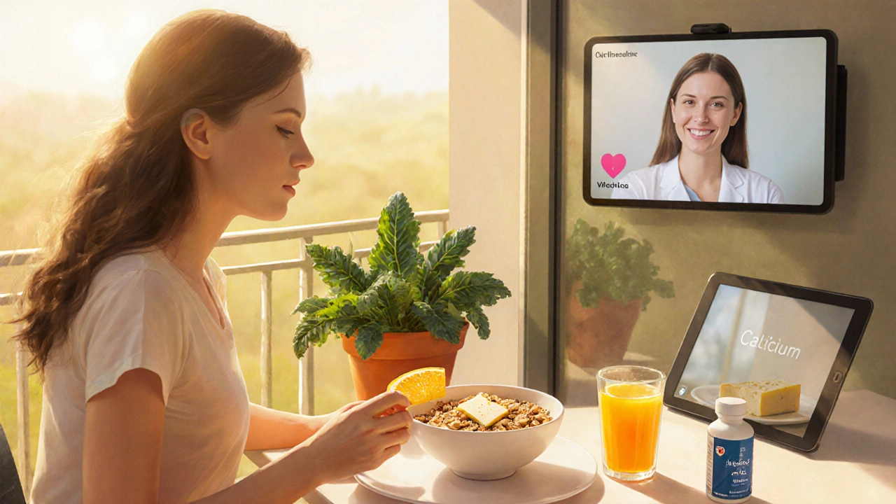Woman enjoying calcium‑rich breakfast on sunny balcony with vitamin D supplement.