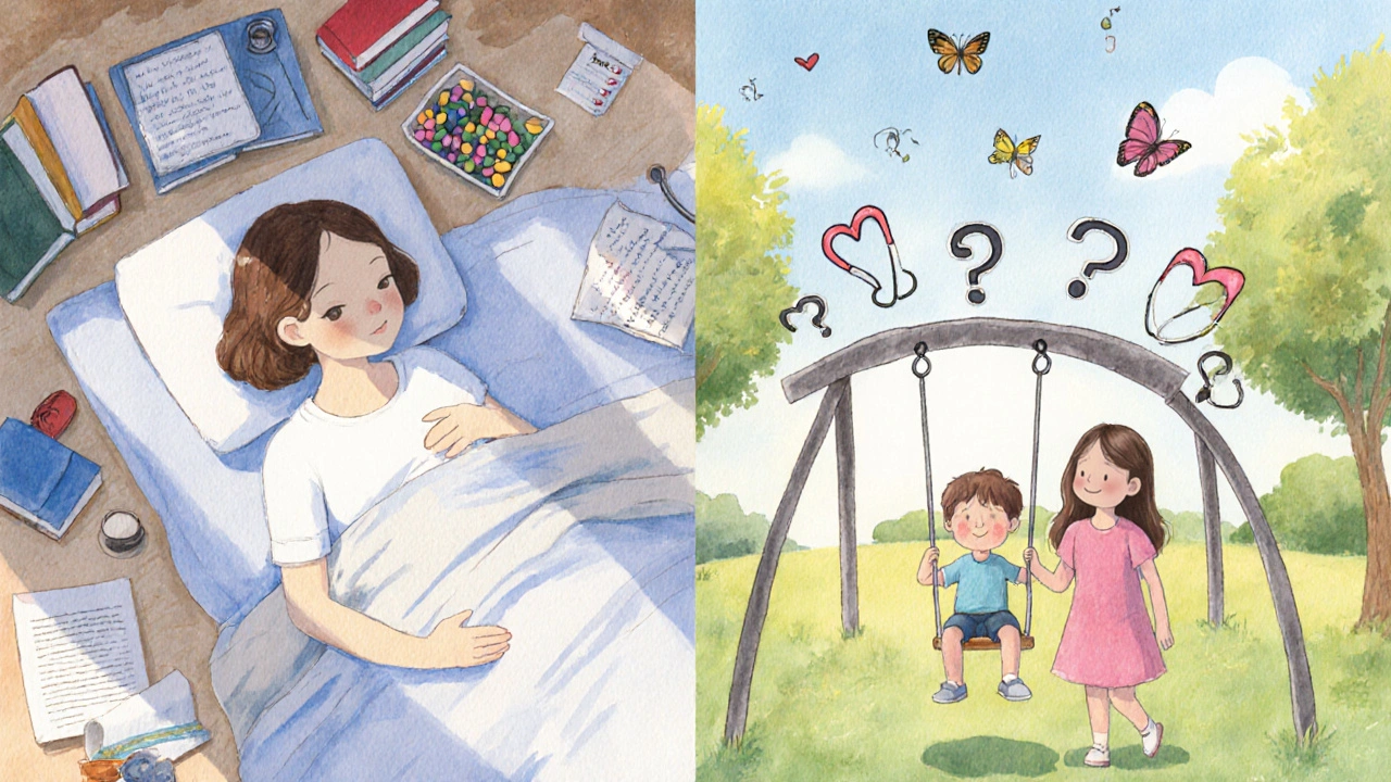 Woman smiling while pushing child on swing, with past scenes of pregnancy care connected by a symbolic bridge