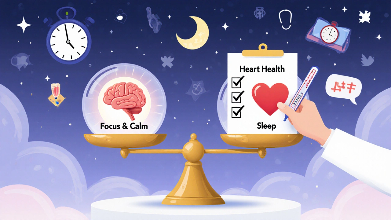 A balanced scale with brain and heart symbols, representing the careful trade-off between ADHD treatment benefits and health risks.