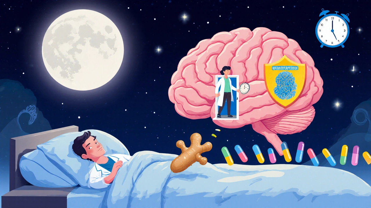 A brain with a door blocked by a ginger root shield under a night sky.