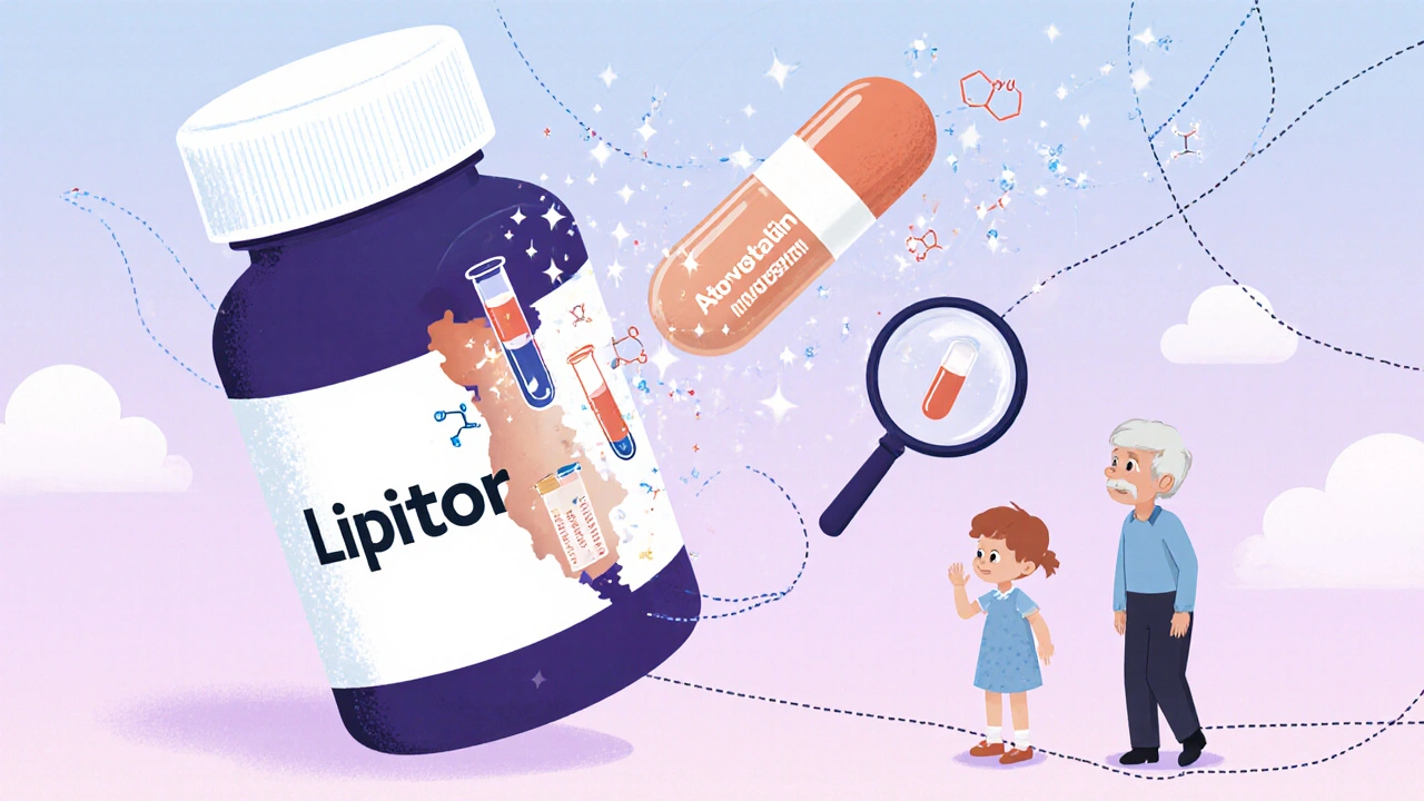 A brand-name pill transforms into a generic pill with floating science symbols, watched by a child and elderly person.
