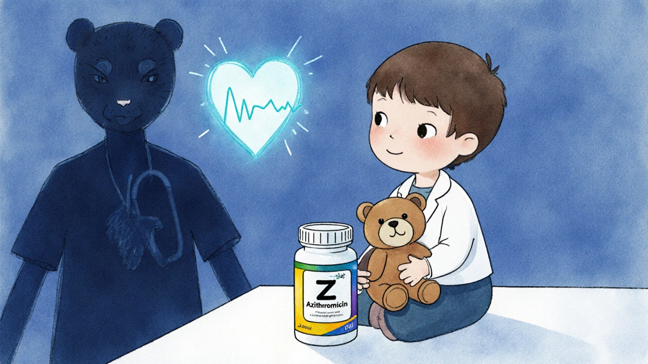 A child holding an azithromycin pill bottle with a subtle heart rhythm warning nearby.